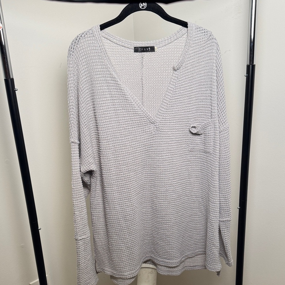 Gray Oversized Henley Waffle Knit Lightweight Casual V-Neck Sweater Shirt SX XL